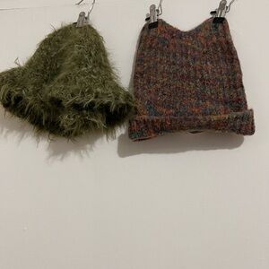 Women’s Fuzzy Olive Green and Pink Mixed Bucket Hat Set - Soft Winter Accessory